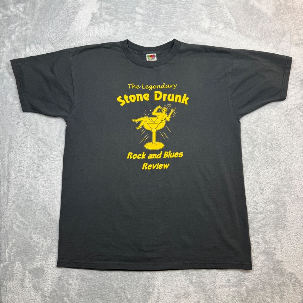 Vintage Stone Drunk Rock Blues Review Fruit of the Loom T Shirt Mens XL Black 90